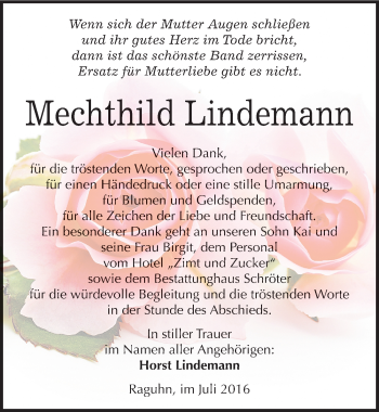 Traueranzeige von Mechthild Lindemann von Mitteldeutsche Zeitung Bitterfeld