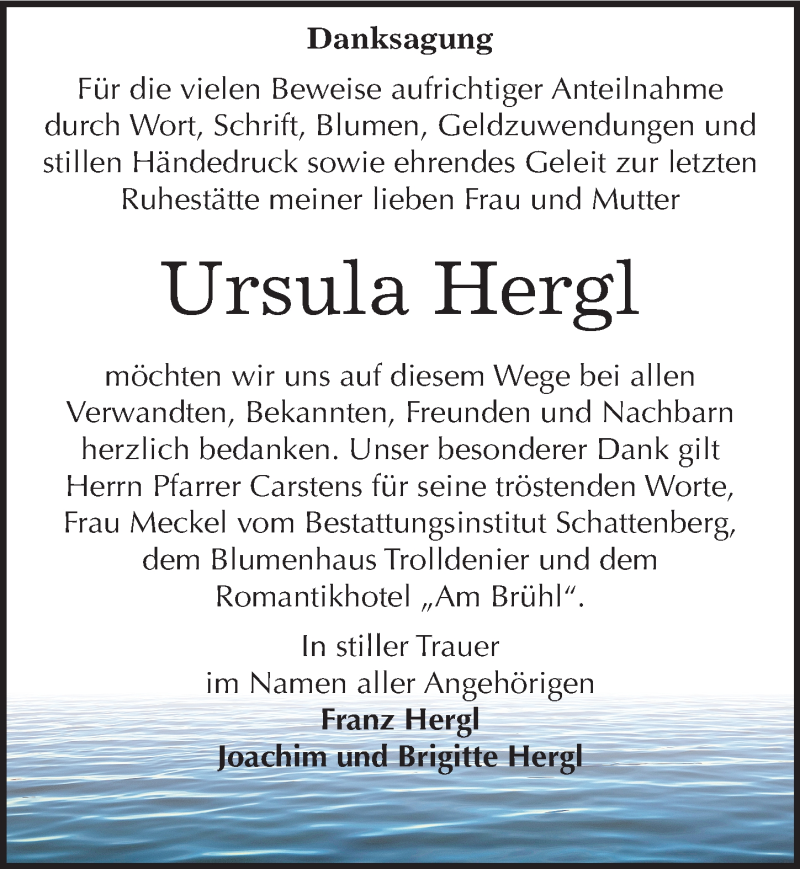  Traueranzeige für Ursula Hergl vom 09.07.2016 aus Mitteldeutsche Zeitung Quedlinburg