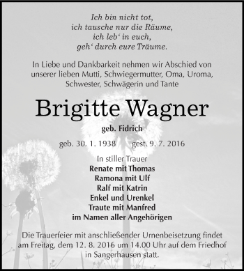 Traueranzeige von Brigitte Wagner von Super Sonntag SGH Mansf. Land