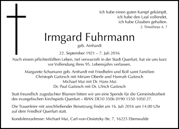 Traueranzeige von Irmgard Fuhrmann von Mitteldeutsche Zeitung Merseburg/Querfurt