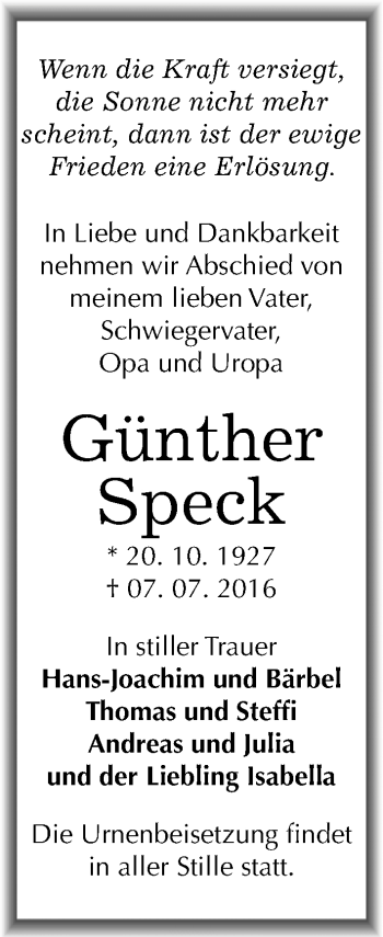 Traueranzeige von Günther Speck von Mitteldeutsche Zeitung Köthen