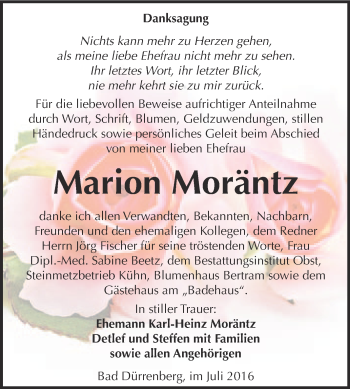 Traueranzeige von Marion Moräntz von Super Sonntag Merseburg