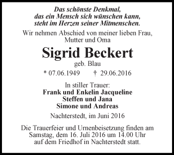 Traueranzeige von Sigrid Beckert von Super Sonntag Aschersleben