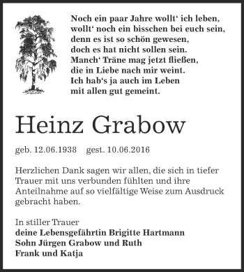 Traueranzeige von Heinz Grabow von WVG - Wochenspiegel NMB / WSF / ZTZ