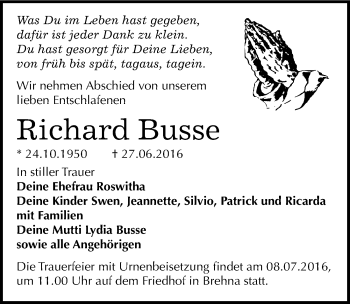 Traueranzeige von Richard Busse von Mitteldeutsche Zeitung Bitterfeld
