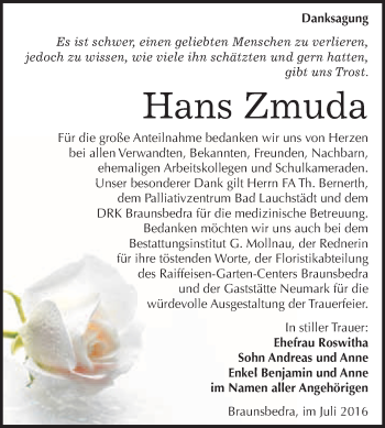 Traueranzeige von Hans Zmuda von WVG - Wochenspiegel Merseburg