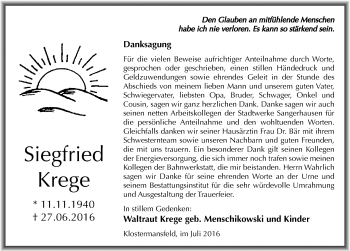 Traueranzeige von Siegfried Krege von Mitteldeutsche Zeitung Mansfelder Land