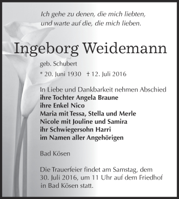 Traueranzeige von Ingeborg Weidemann von WVG - Wochenspiegel NMB / WSF / ZTZ
