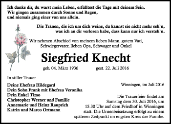 Traueranzeige von Siegfried Knecht von WVG - Wochenspiegel Quedlinburg