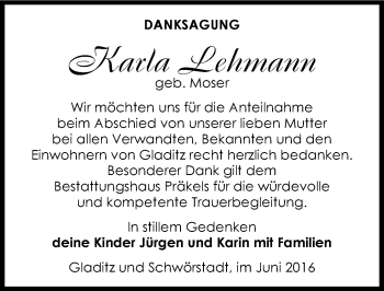 Traueranzeige von Karla Lehmann von Mitteldeutsche Zeitung Zeitz