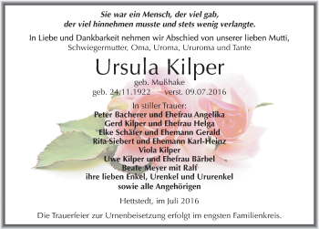 Traueranzeige von Ursula Kilper von Mitteldeutsche Zeitung Mansfelder Land