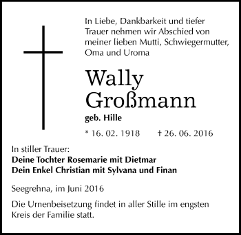 Traueranzeige von Wally Großmann von Mitteldeutsche Zeitung Wittenberg