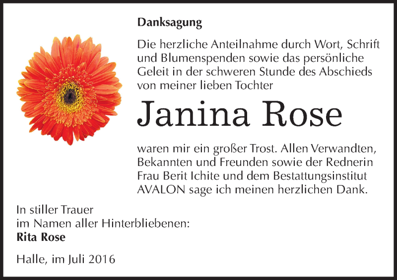  Traueranzeige für Janina Rose vom 09.07.2016 aus Mitteldeutsche Zeitung Halle/Saalkreis