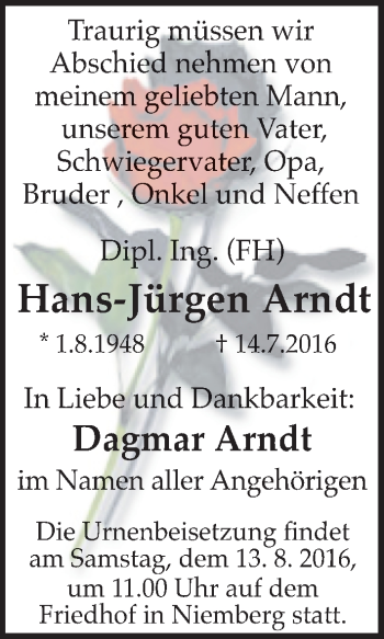 Traueranzeige von Hans-Jürgen Arndt von Mitteldeutsche Zeitung Merseburg/Querfurt