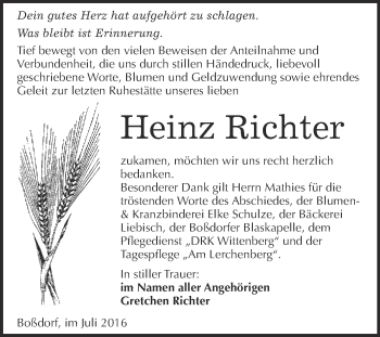 Traueranzeige von Heinz Richter von Super Sonntag Wittenberg