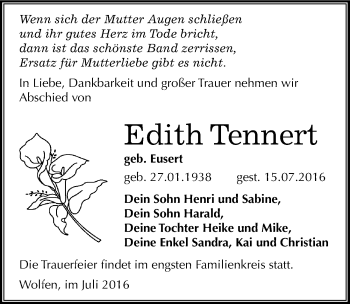 Traueranzeige von Edith Tennert von Mitteldeutsche Zeitung Bitterfeld
