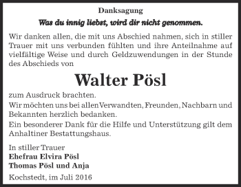 Traueranzeige von Walter Pösl von WVG - Wochenspiegel Dessau / Köthen