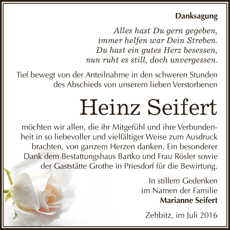  Traueranzeige für Heinz Seifert vom 09.07.2016 aus WVG - Wochenspiegel Dessau / Köthen