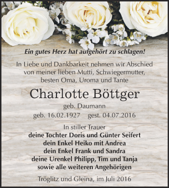 Traueranzeige von Charlotte Böttger von Super Sonntag Zeitz