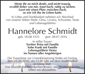 Traueranzeige von Hannelore Schmidt von Mitteldeutsche Zeitung Merseburg/Querfurt