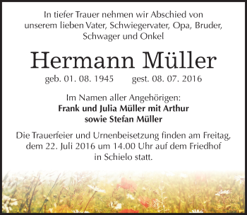 Traueranzeige von Hermann Müller von Mitteldeutsche Zeitung Quedlinburg