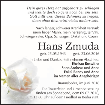 Traueranzeige von Hans Zmuda von WVG - Wochenspiegel Merseburg
