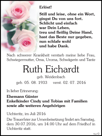 Traueranzeige von Ruth Eichardt von WVG - Wochenspiegel NMB / WSF / ZTZ