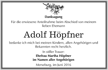 Traueranzeige von Adolf Höpfner von Mitteldeutsche Zeitung Merseburg/Querfurt