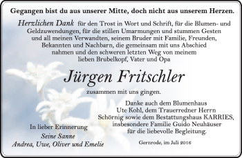 Traueranzeige von Jürgen Fritschler von WVG - Wochenspiegel Quedlinburg