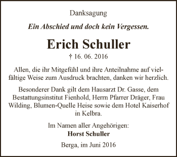 Traueranzeige von Erich Schuller von Super Sonntag SGH Mansf. Land