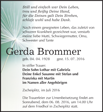 Traueranzeige von Gerda Brommer von Mitteldeutsche Zeitung Naumburg/Nebra