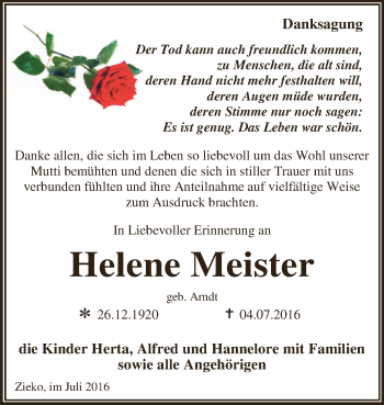 Traueranzeige von Helene Meister von WVG - Wochenspiegel Dessau / Köthen