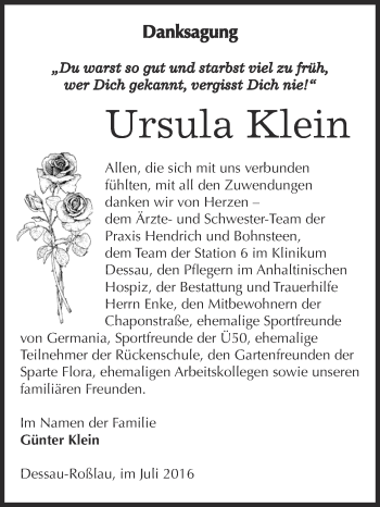 Traueranzeige von Ursula Klein von WVG - Wochenspiegel Dessau / Köthen