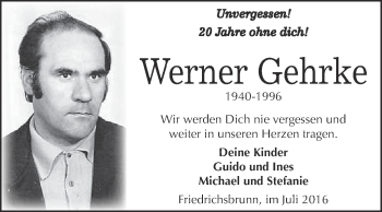 Traueranzeige von Werner Gehrke von Super Sonntag Quedlinburg