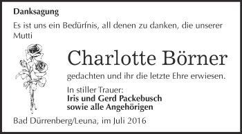 Traueranzeige von Charlotte Börner von Super Sonntag Merseburg