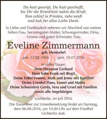 Traueranzeige von Eveline Zimmermann von WVG - Wochenspiegel NMB / WSF / ZTZ