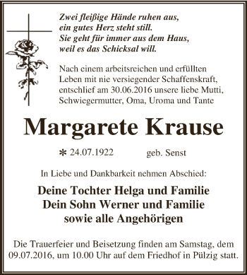 Traueranzeige von Margarete Krause von WVG - Wochenspiegel Dessau / Köthen