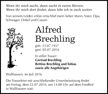 Traueranzeige von Alfred Brechling von Mitteldeutsche Zeitung Sangerhausen