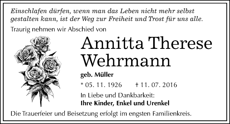  Traueranzeige für Annitta Therese Wehrmann vom 20.07.2016 aus Mitteldeutsche Zeitung Dessau-Roßlau