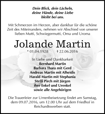 Traueranzeige von Jolande Martin von Mitteldeutsche Zeitung Weißenfels