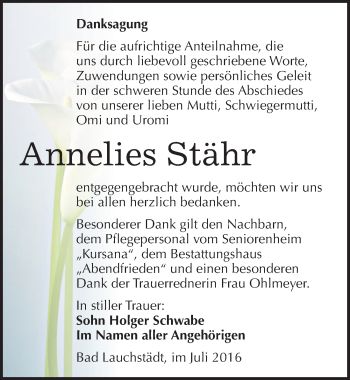 Traueranzeige von Annelies Stähr von Mitteldeutsche Zeitung Merseburg/Querfurt
