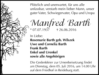 Traueranzeige von Manfred Barth von Mitteldeutsche Zeitung Halle/Saalkreis