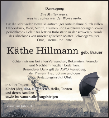 Traueranzeige von Käthe Hillmann von Mitteldeutsche Zeitung Merseburg/Querfurt