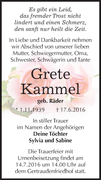 Traueranzeige von Grete Kammel von Mitteldeutsche Zeitung Halle/Saalkreis