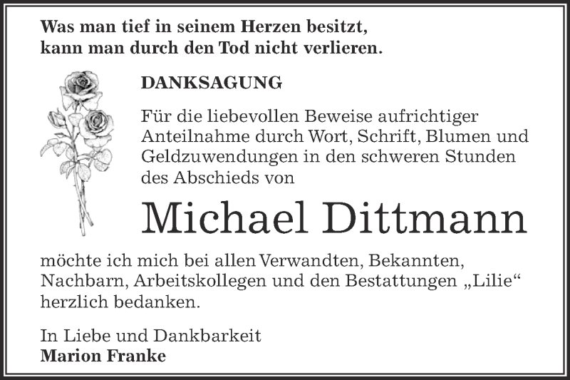  Traueranzeige für Michael Dittmann vom 02.07.2016 aus WVG - Wochenspiegel Dessau / Köthen