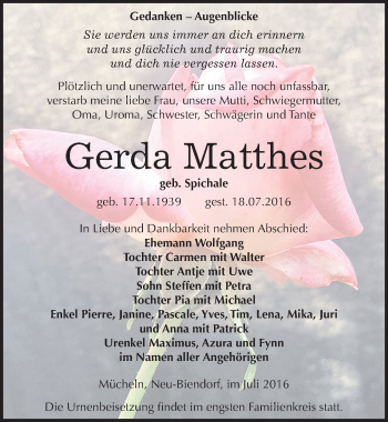 Traueranzeige von Gerda Matthes von Mitteldeutsche Zeitung Merseburg/Querfurt