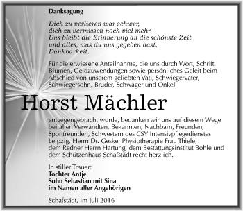 Traueranzeige von Horst Mächler von Mitteldeutsche Zeitung Merseburg/Querfurt