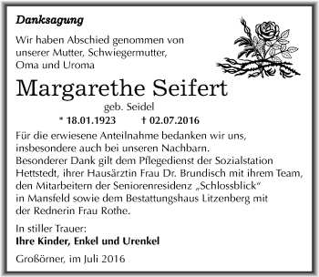 Traueranzeige von Margarethe Seifert von Mitteldeutsche Zeitung Mansfelder Land