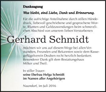 Traueranzeige von Gerhard Schmidt von Mitteldeutsche Zeitung Weißenfels
