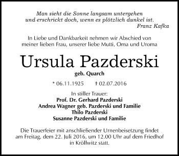 Traueranzeige von Ursula Pazderski von Mitteldeutsche Zeitung Halle/Saalkreis